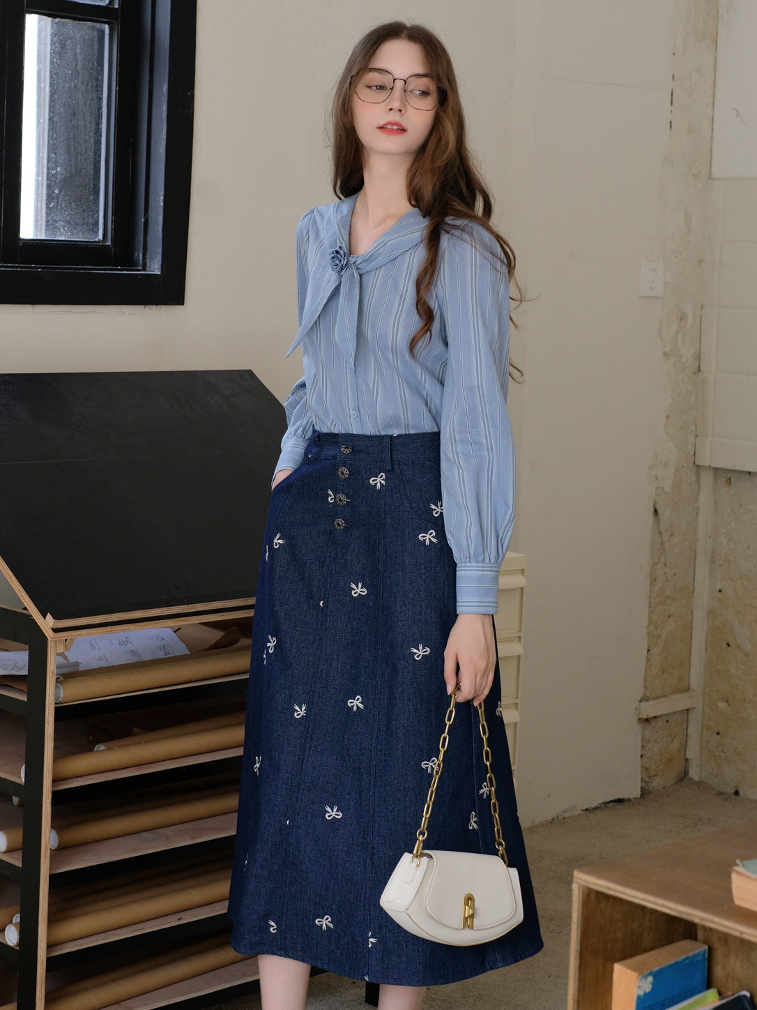 Vintage Blue Striped Blouse and Denim  Vest