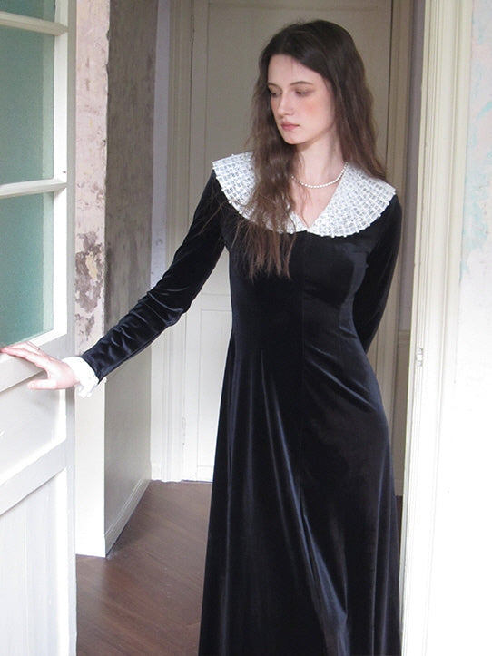 Velvet Elegance Lace Collar Dress