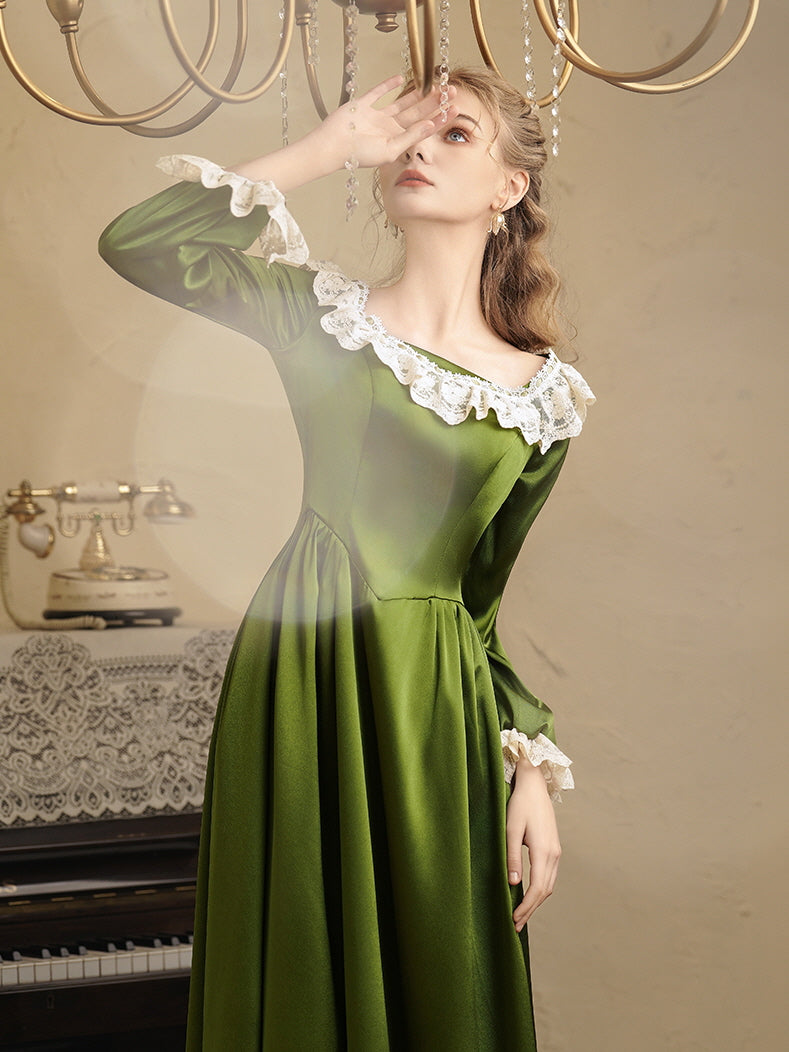 Emerald Elegance Lace Trim Satin Dress