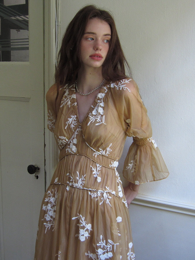 Golden Bloom Embroidered Sheer Dress