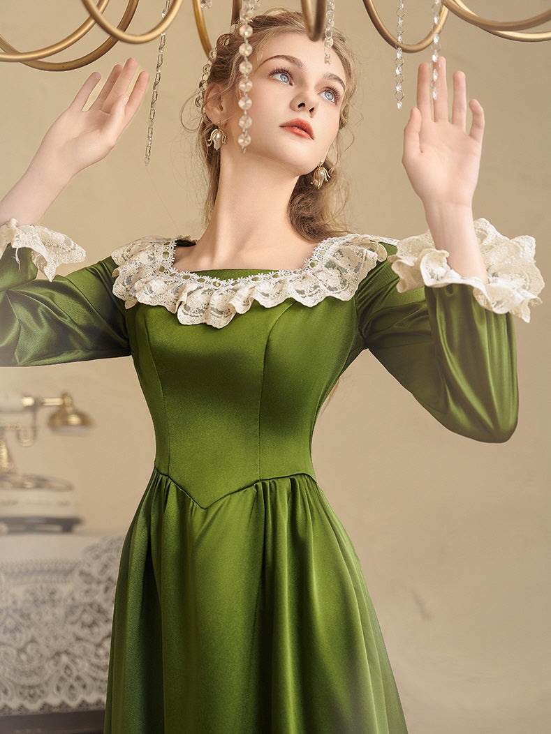 Emerald Elegance Lace Trim Satin Dress