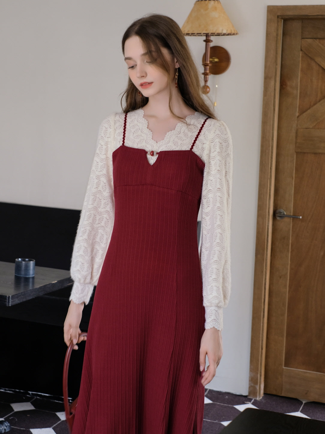 Romantic Lace Knit and Burgundy Dress