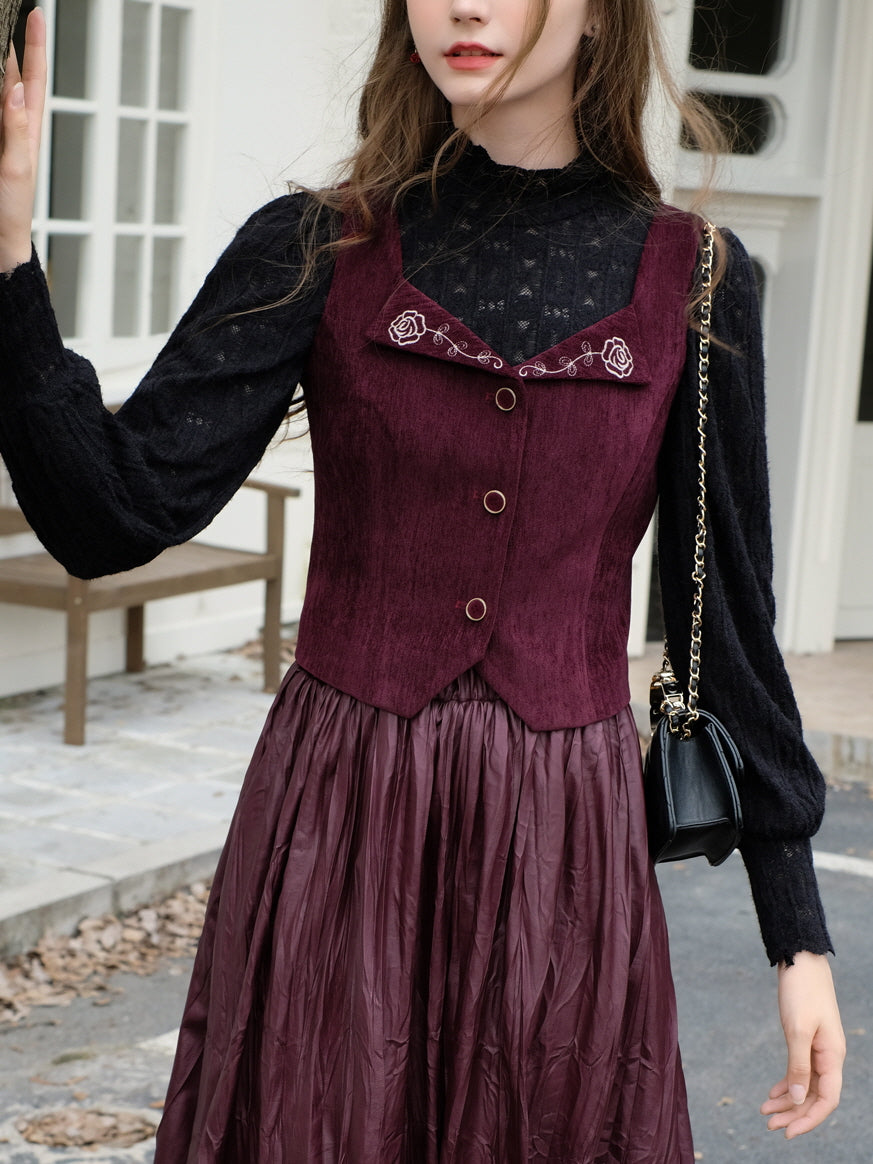 Romantic Lace Top and Embroidered Rose Vest