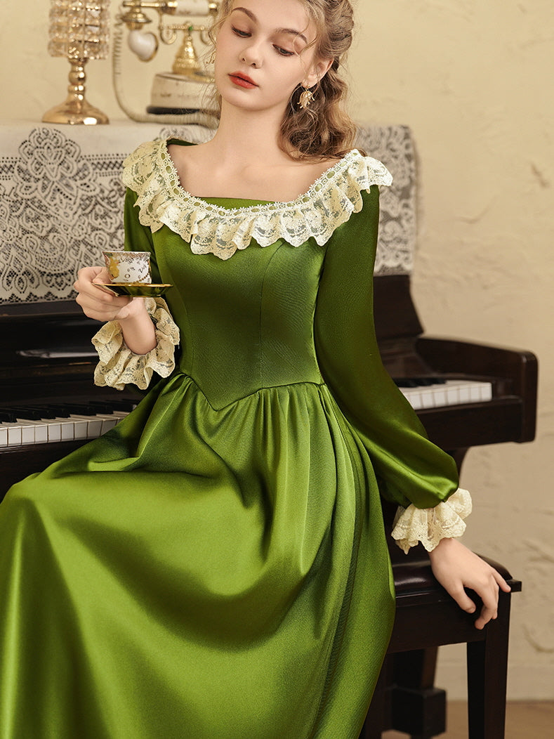 Emerald Elegance Lace Trim Satin Dress