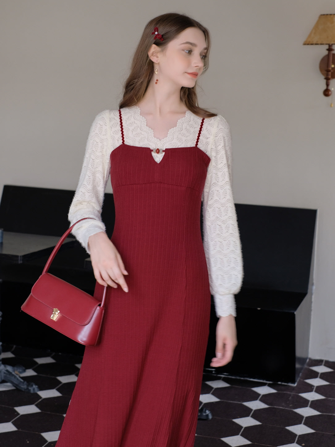 Romantic Lace Knit and Burgundy Dress