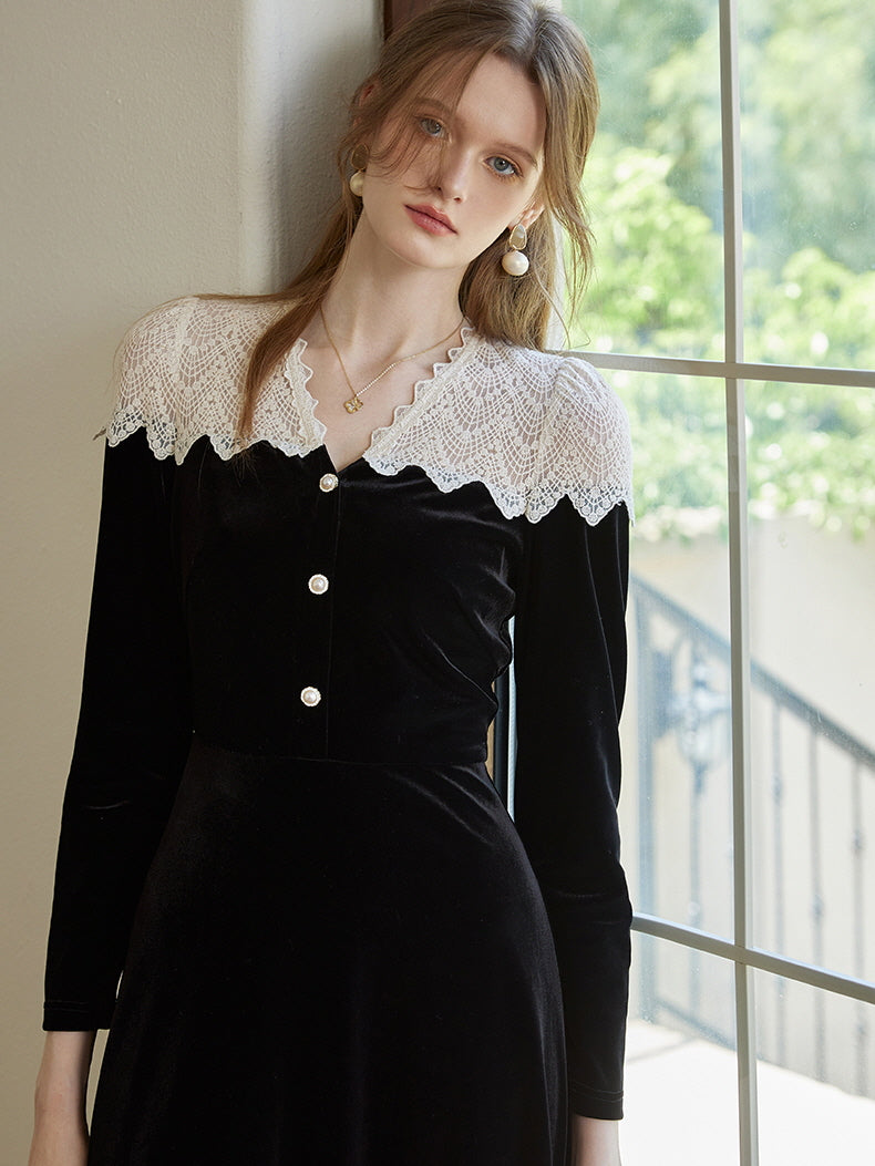 Velvet Lace Collar Vintage Black Dress