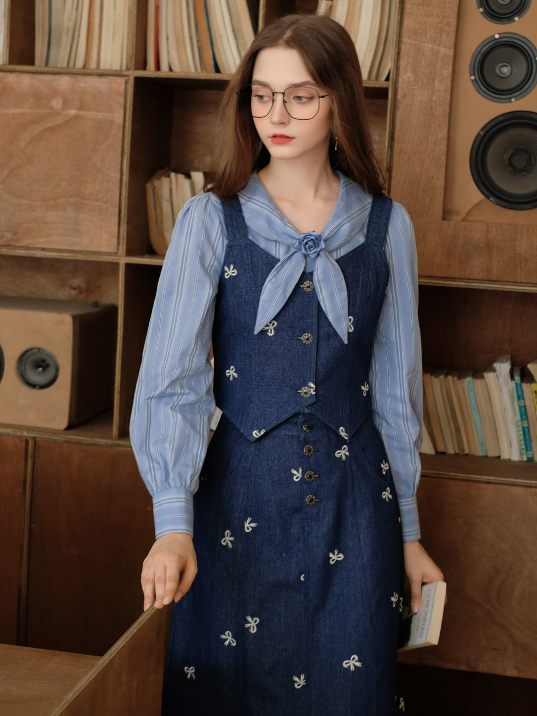 Vintage Blue Striped Blouse and Denim  Vest