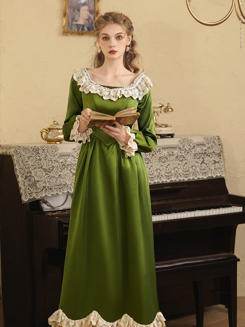 Emerald Elegance Lace Trim Satin Dress