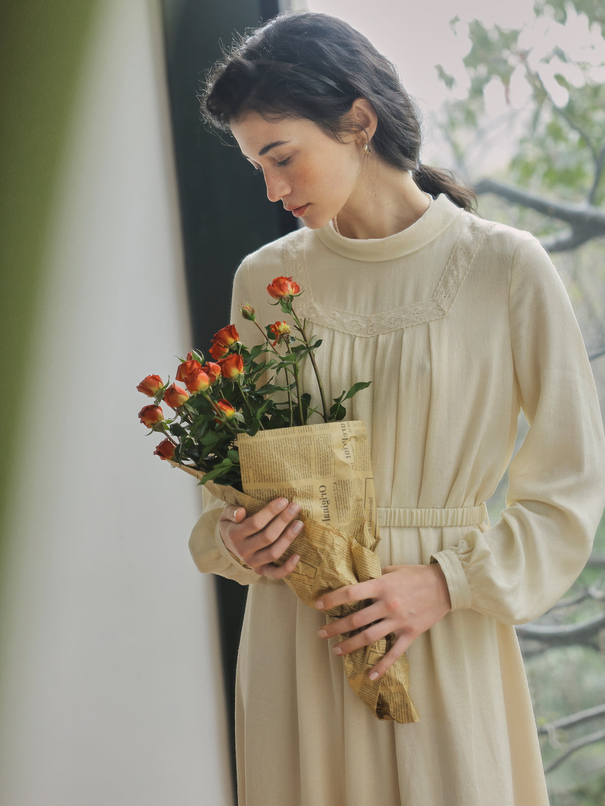 Vintage Cream Blossom Lace-Trimmed Dress