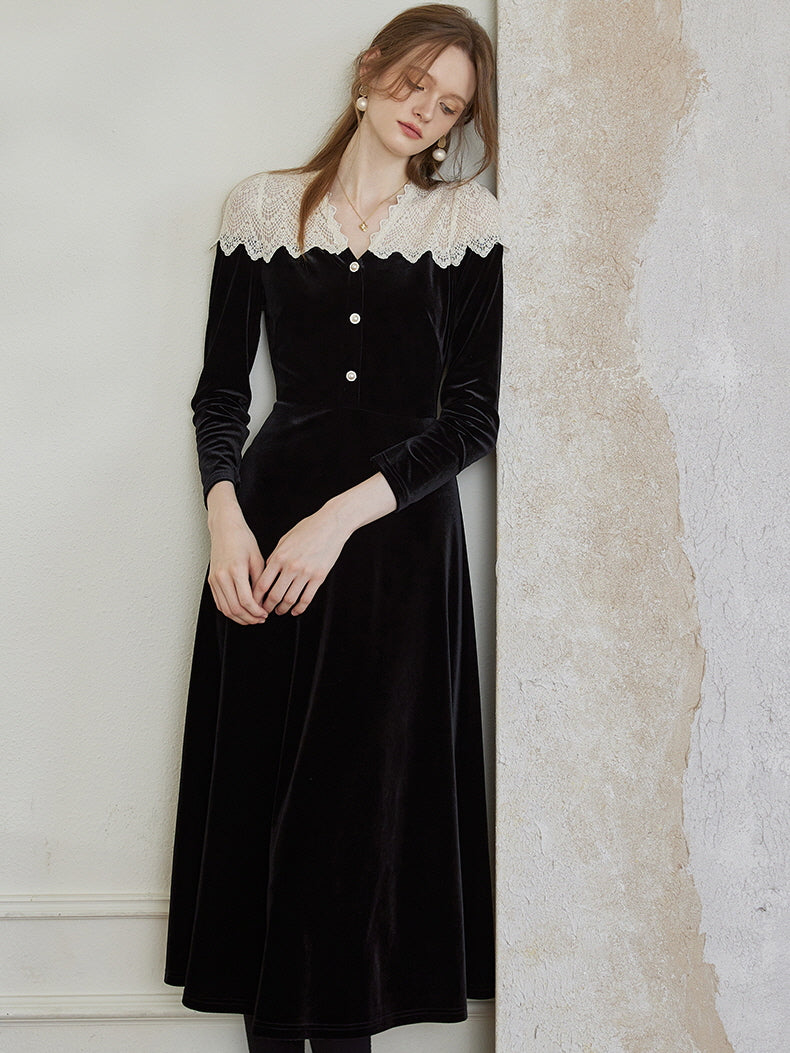 Velvet Lace Collar Vintage Black Dress