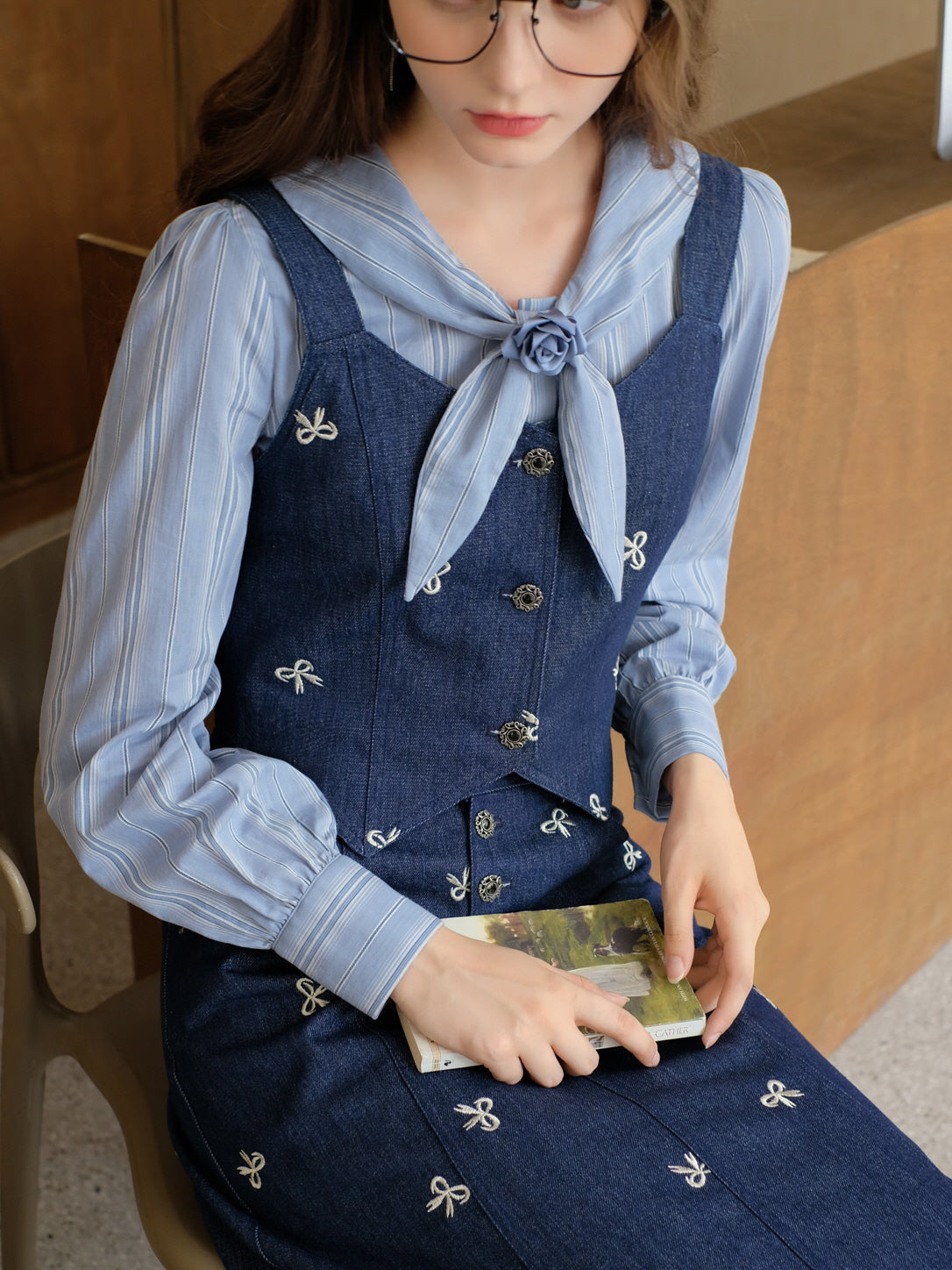 Vintage Blue Striped Blouse and Denim  Vest