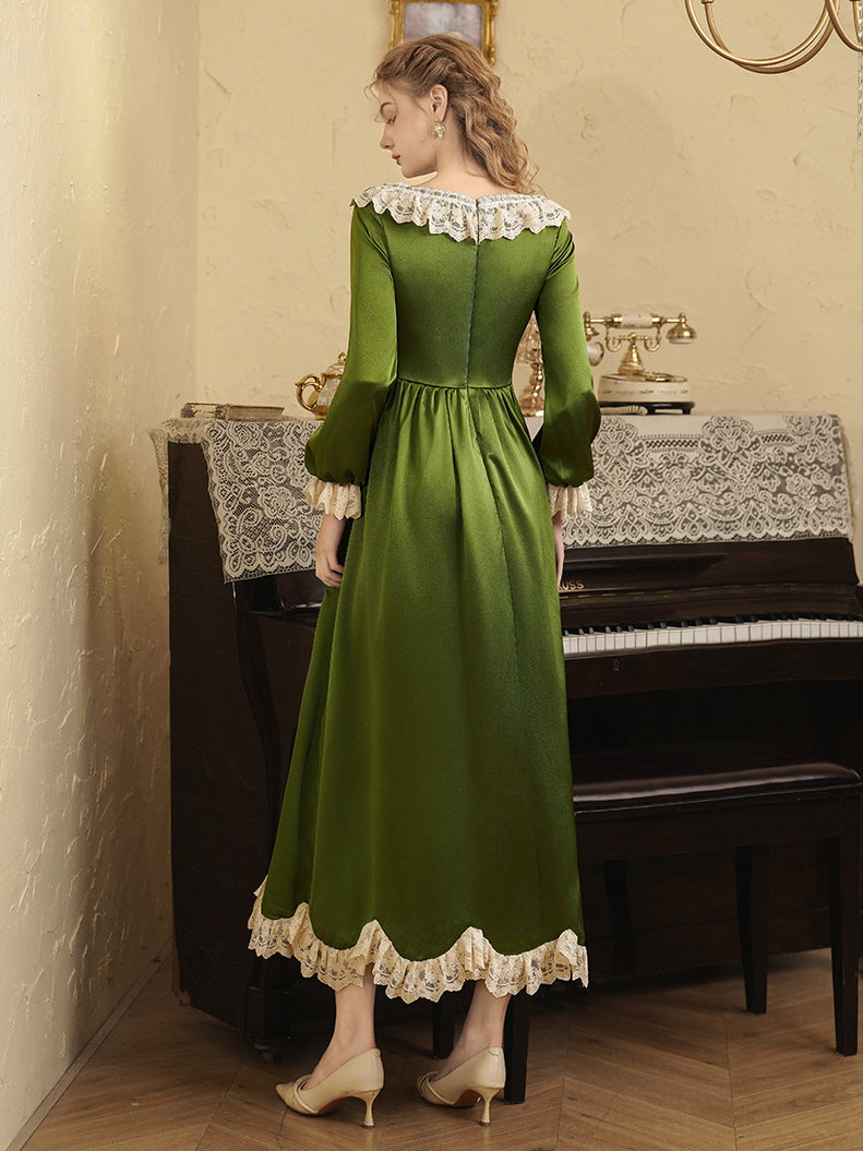 Emerald Elegance Lace Trim Satin Dress