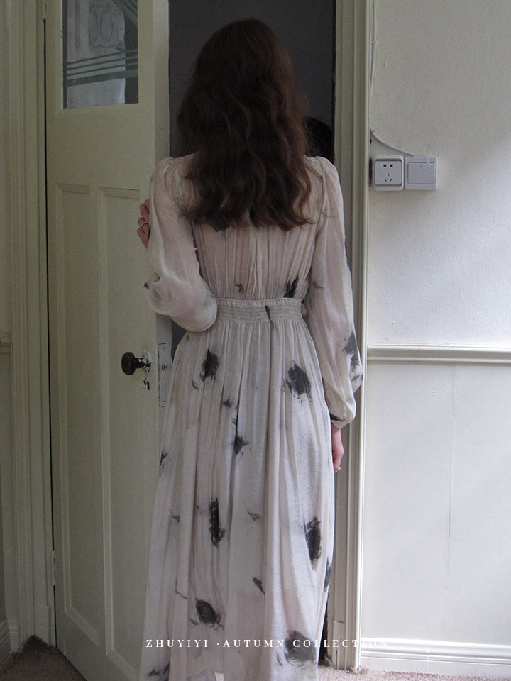 Ivory Brushstroke Print Maxi Dress