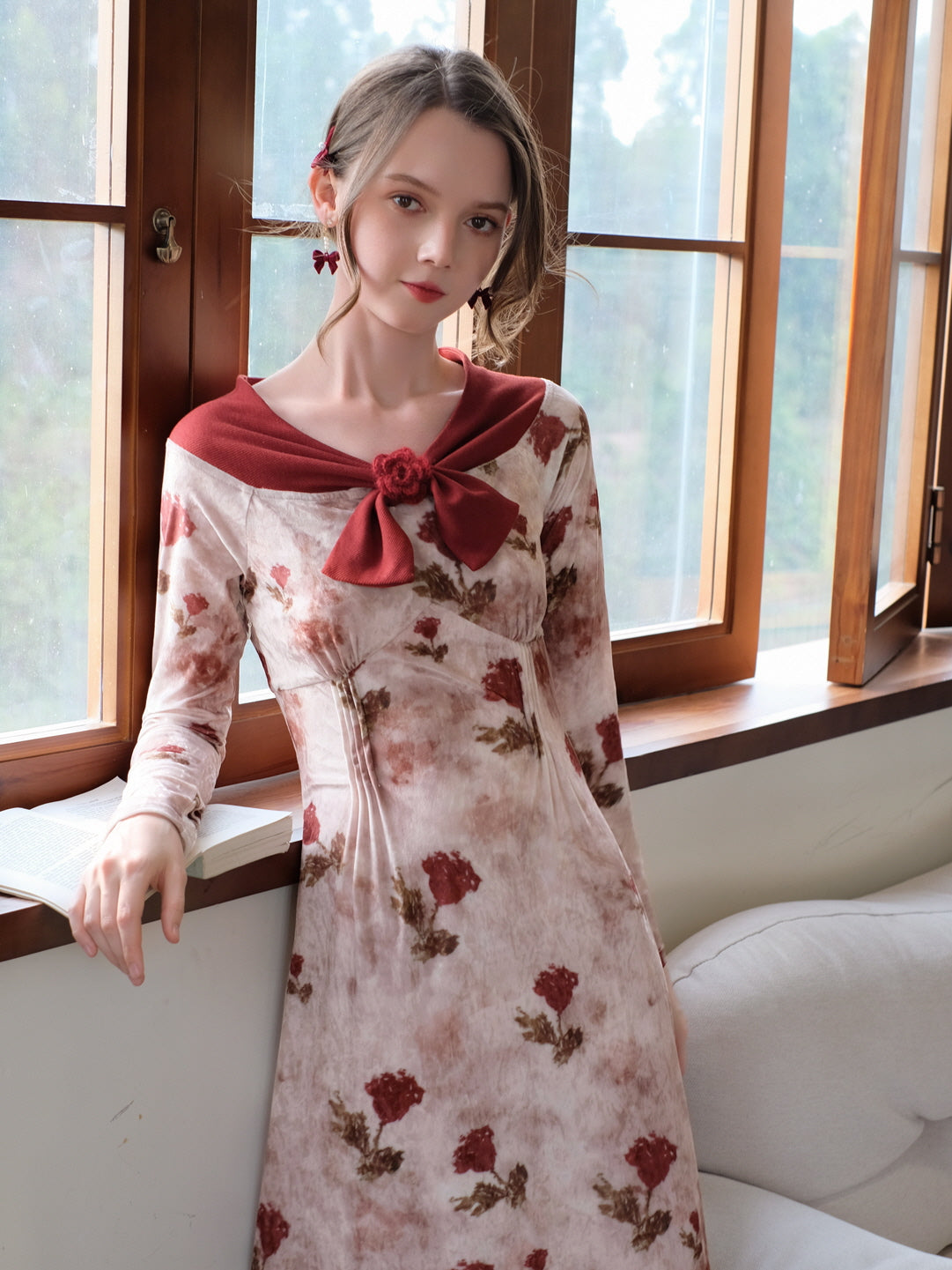 Romantic Floral Velvet Bow Dress