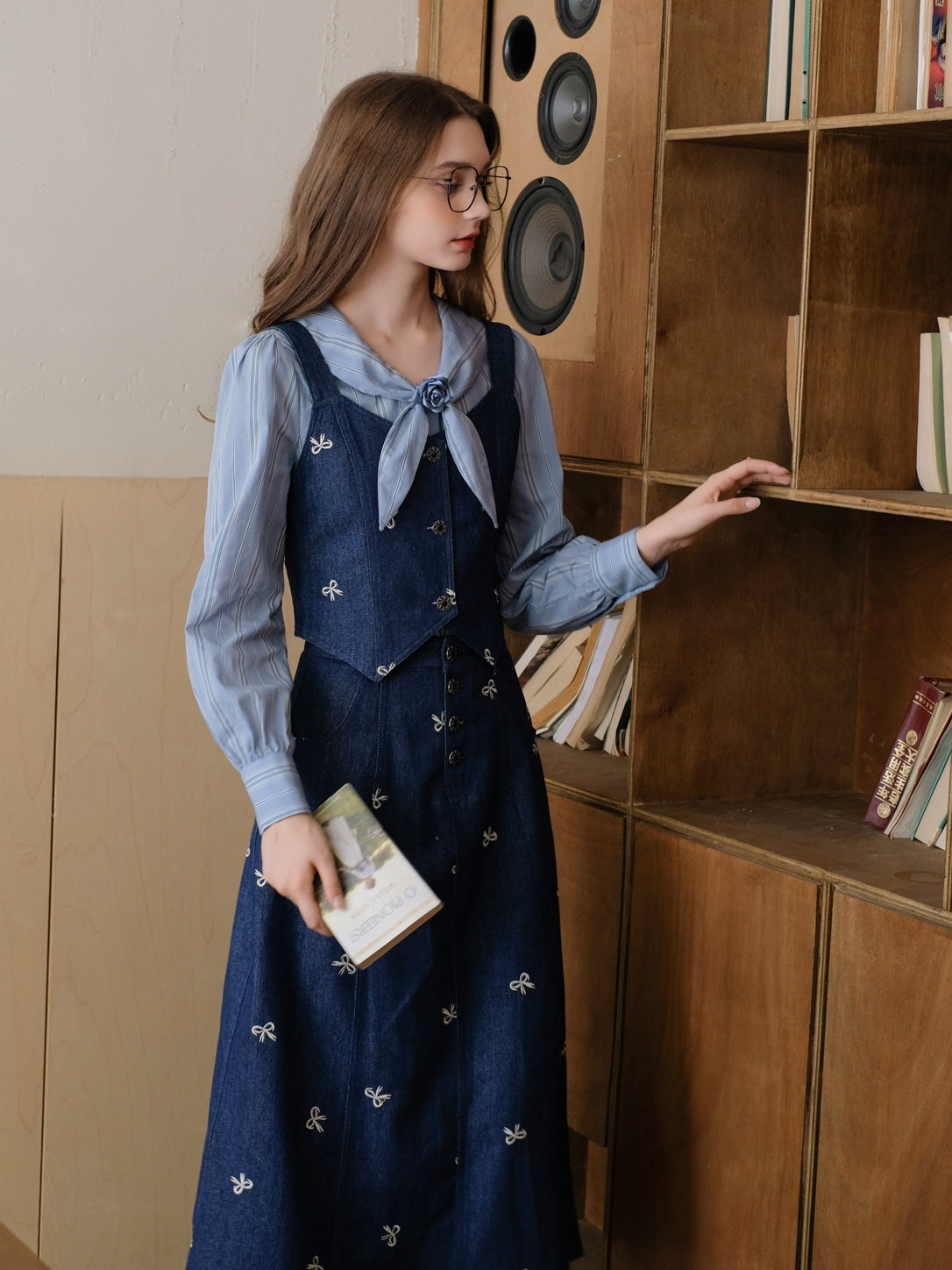 Vintage Blue Striped Blouse and Denim  Vest