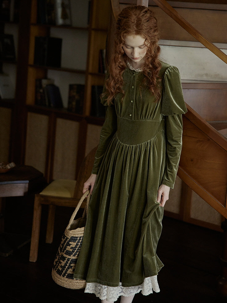 Olive Velvet Lace-Trimmed Vintage Dress