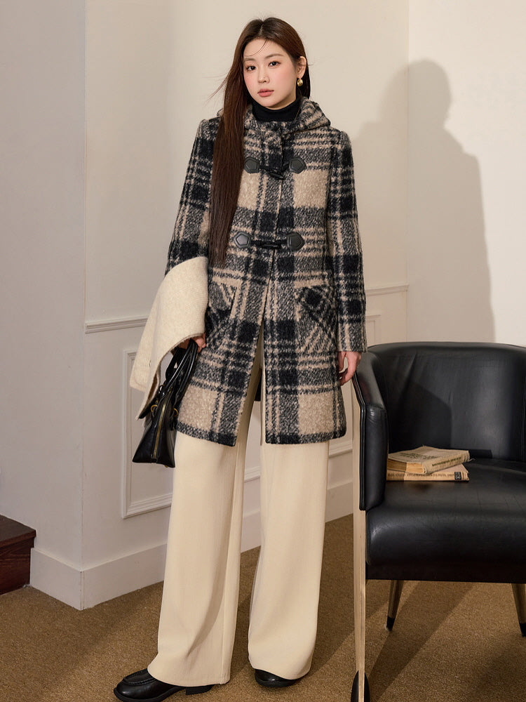 Checkered Hooded Toggle Coat