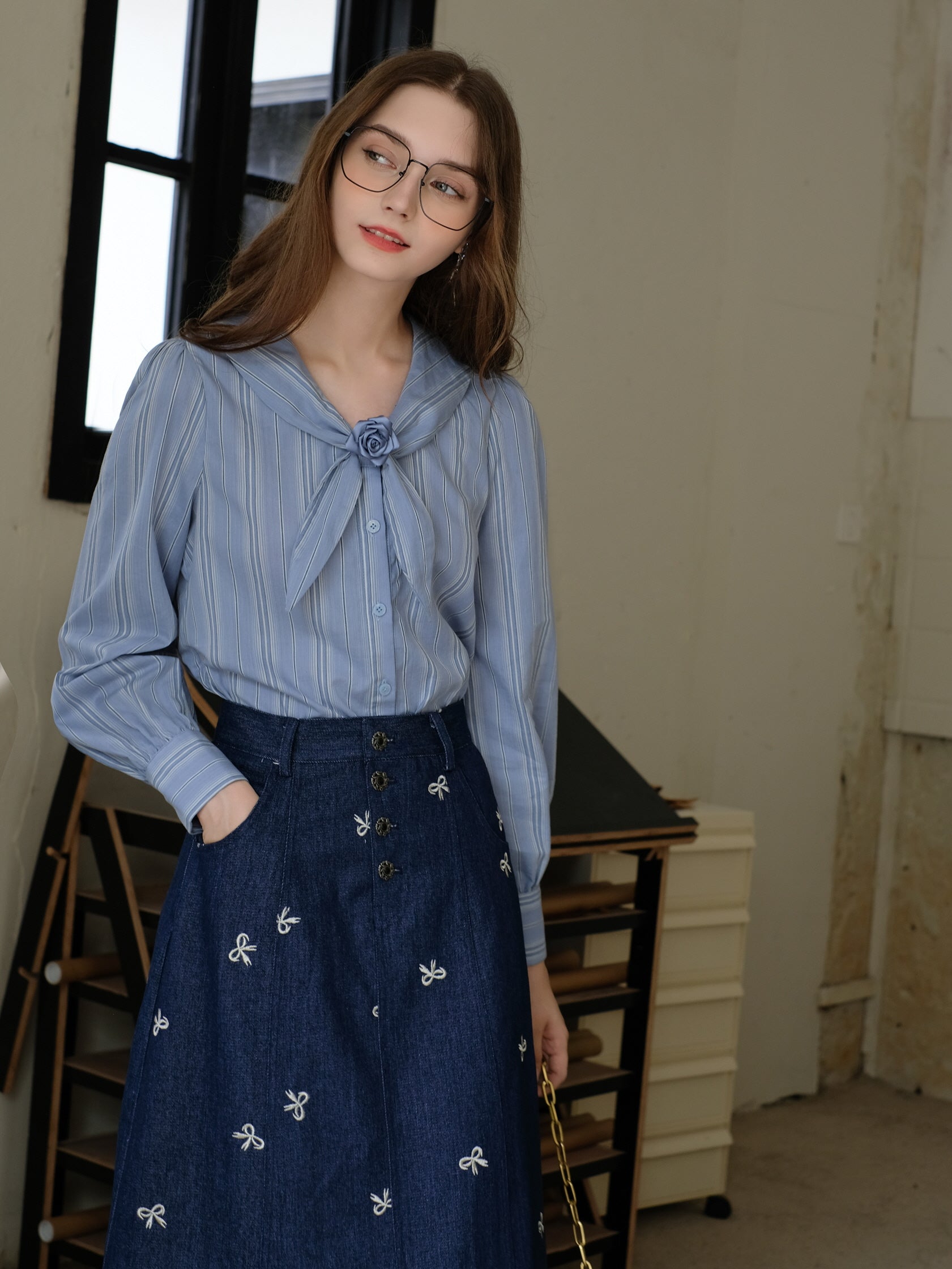 Vintage Blue Striped Blouse and Denim  Vest