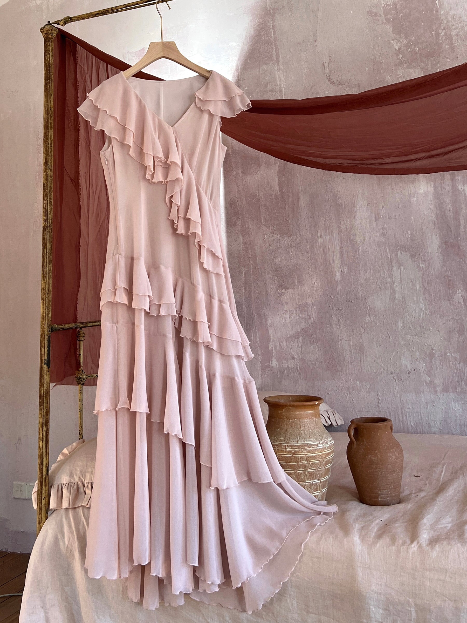 Graceful Pink Ruffle V-Neck Maxi Dress