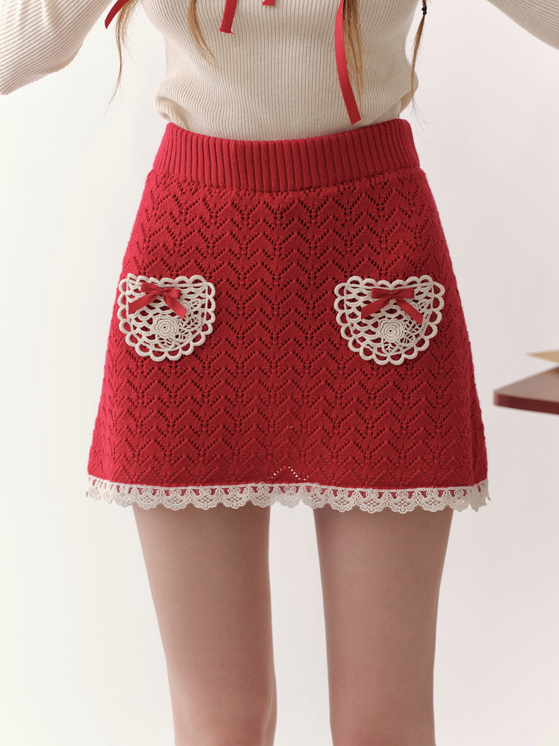 Coquette Knit Skirt with Lace Heart Pockets