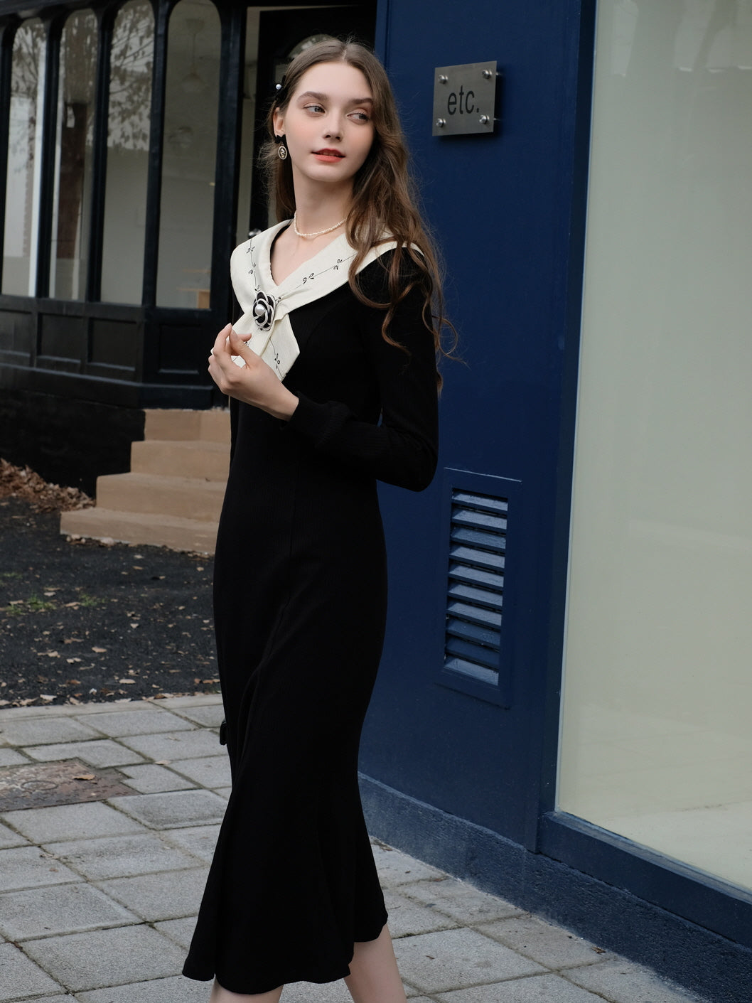 Elegant Bow Collar Black Vintage Dress