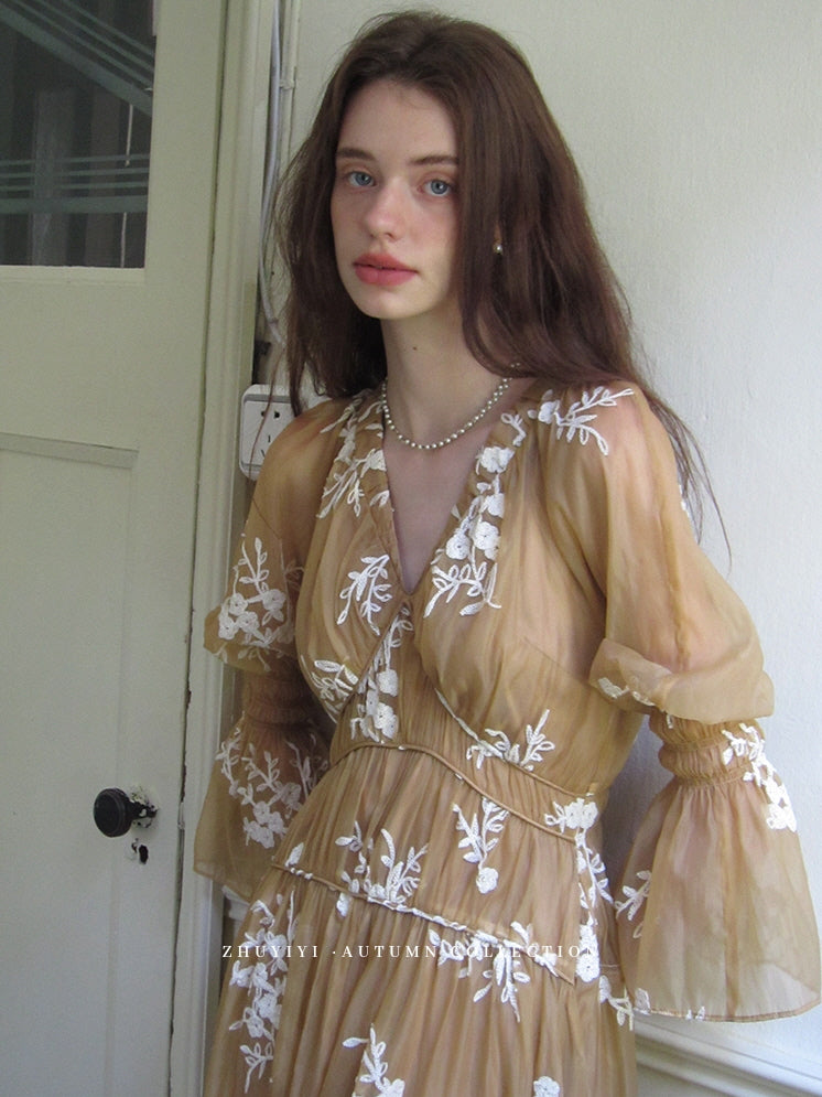 Golden Bloom Embroidered Sheer Dress