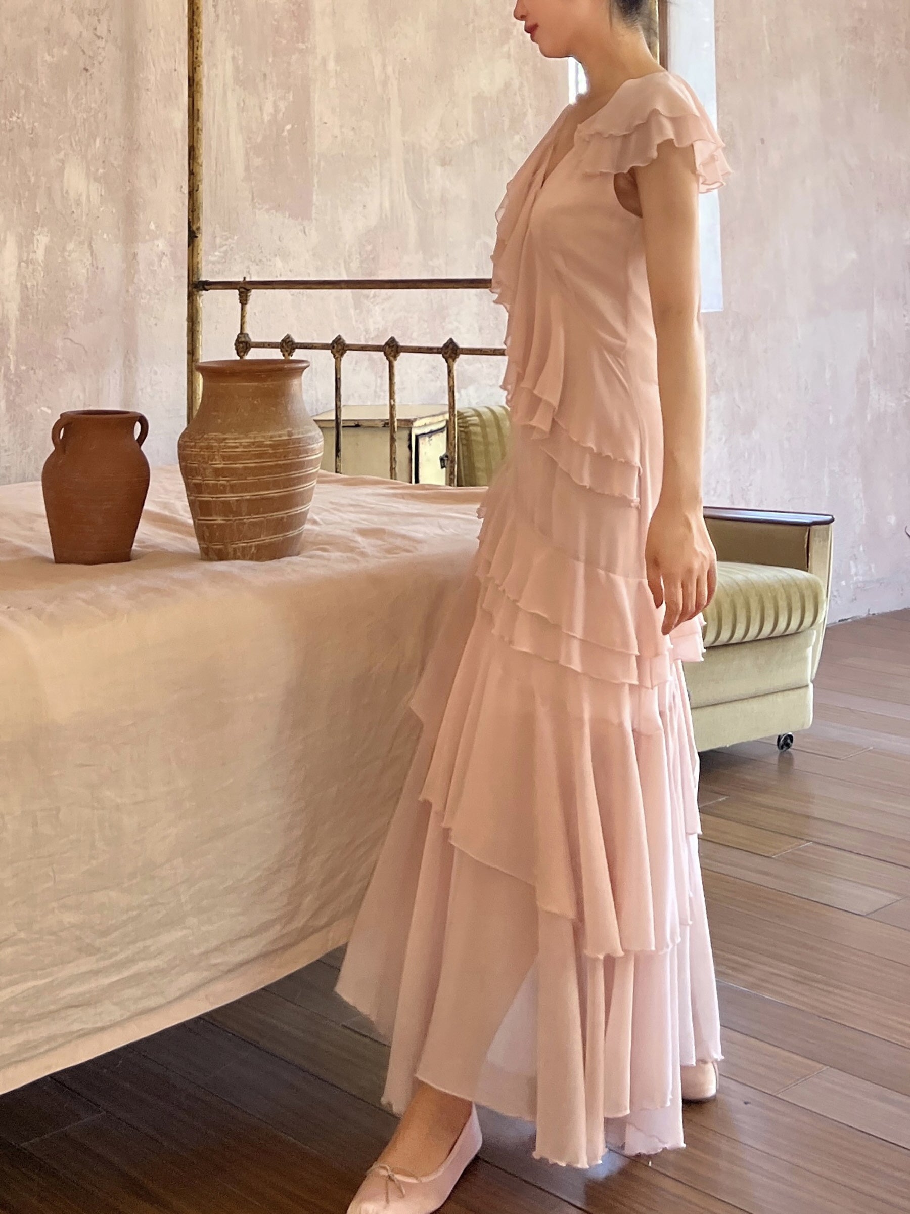 Graceful Pink Ruffle V-Neck Maxi Dress