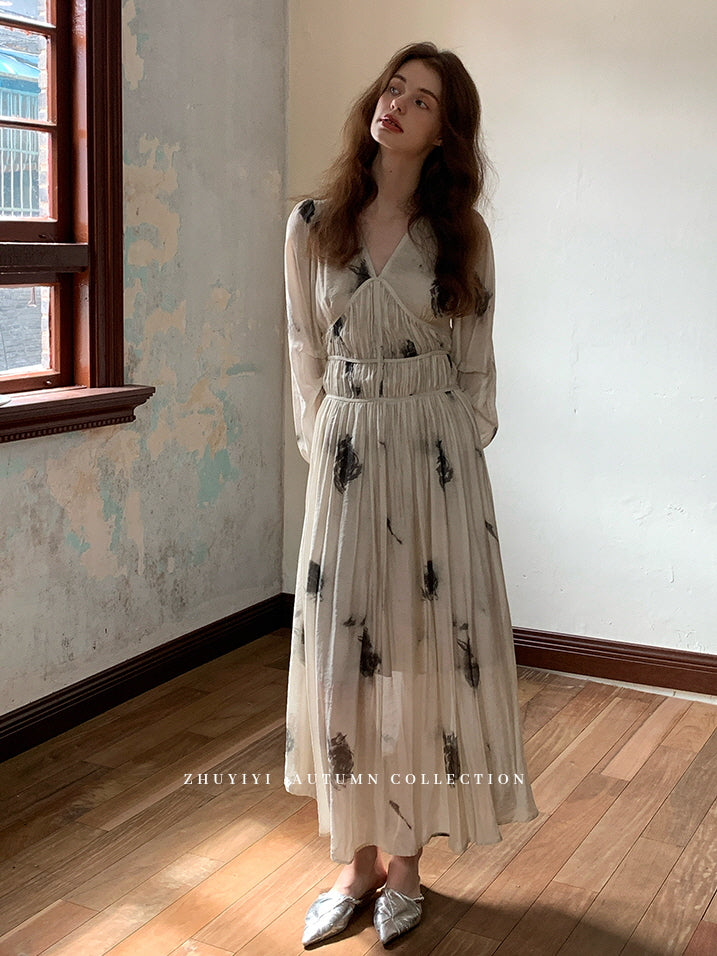 Ivory Brushstroke Print Maxi Dress