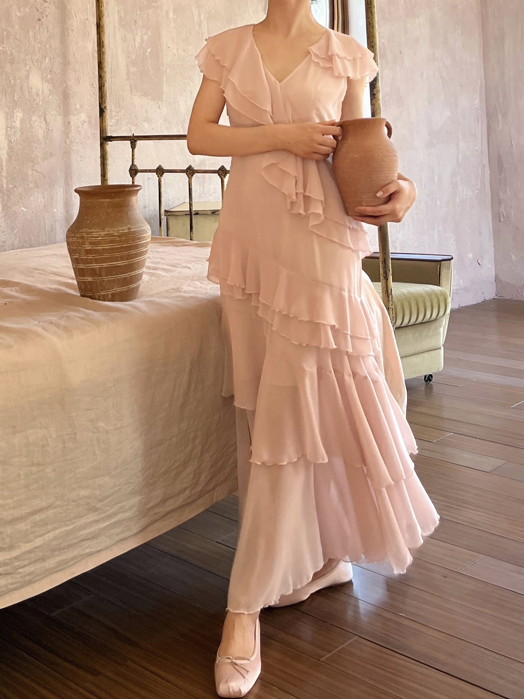 Graceful Pink Ruffle V-Neck Maxi Dress