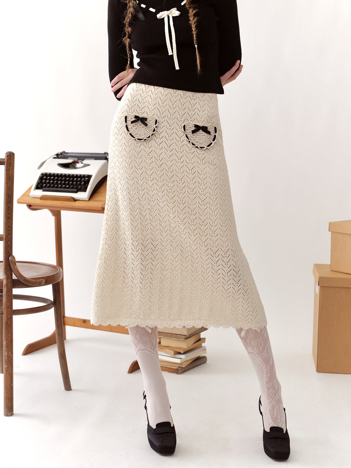 Coquette Knit Skirt with Lace Heart Pockets