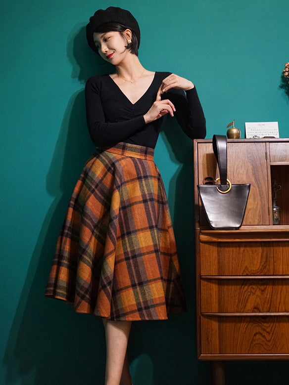 Vintage Autumn Wool Plaid Skirt