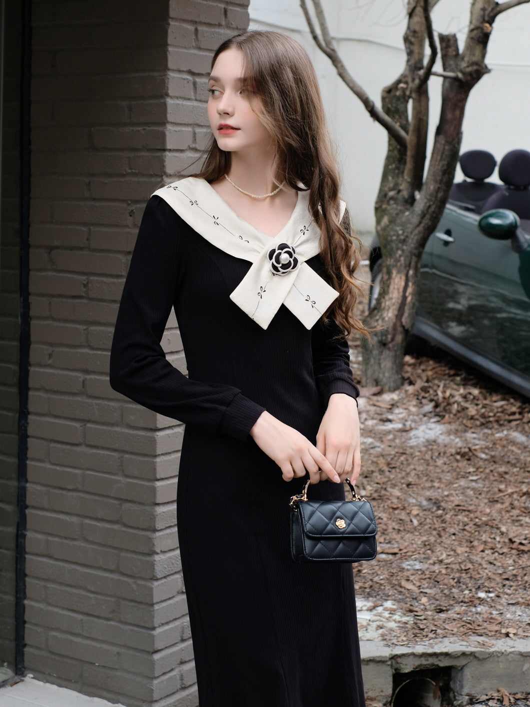 Elegant Bow Collar Black Vintage Dress