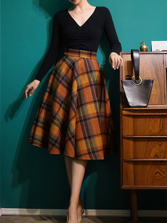 Vintage Autumn Wool Plaid Skirt