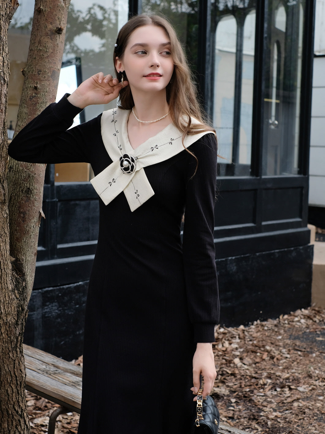 Elegant Bow Collar Black Vintage Dress