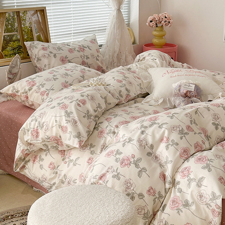 Retro Style Pink Rose Bedding Set