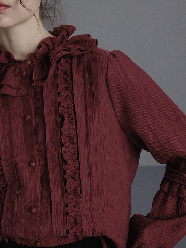 Elegant Wine Ruffled Victorian Blouse