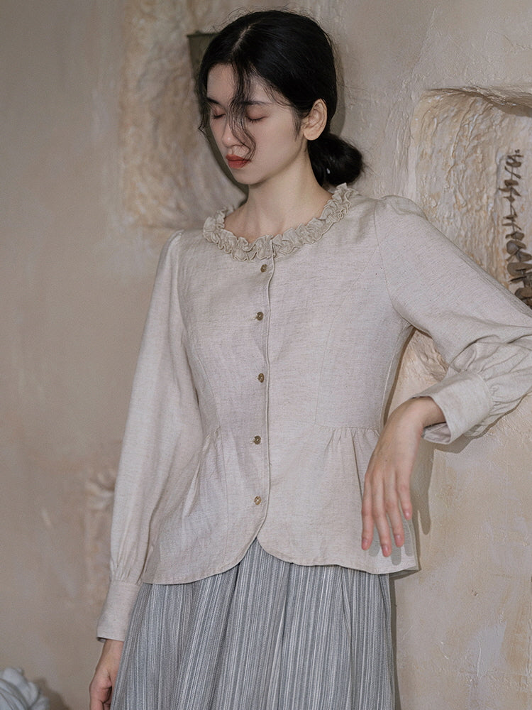 Ruffled Collar Linen Peplum Blouse