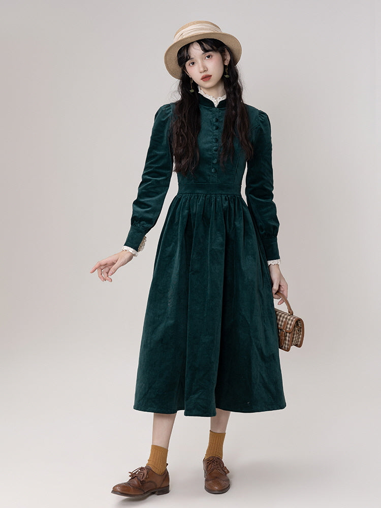 vintage green velvet dress Forest Green Velvet Dress - Lace Cuffs | Puff Sleeves