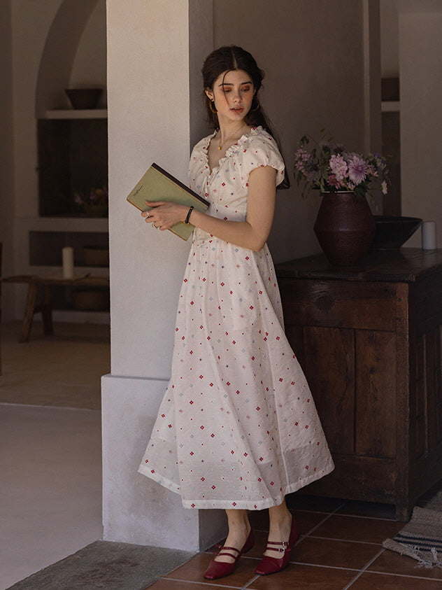 Floral Embroidered Summer Dress - Cottagecore Outfit, Retro Aesthetic White(Pre-Sale 25days) / S Floral Embroidered Summer Dress - Cottagecore Outfit, Retro Aesthetic White(Pre-Sale 25days) / S