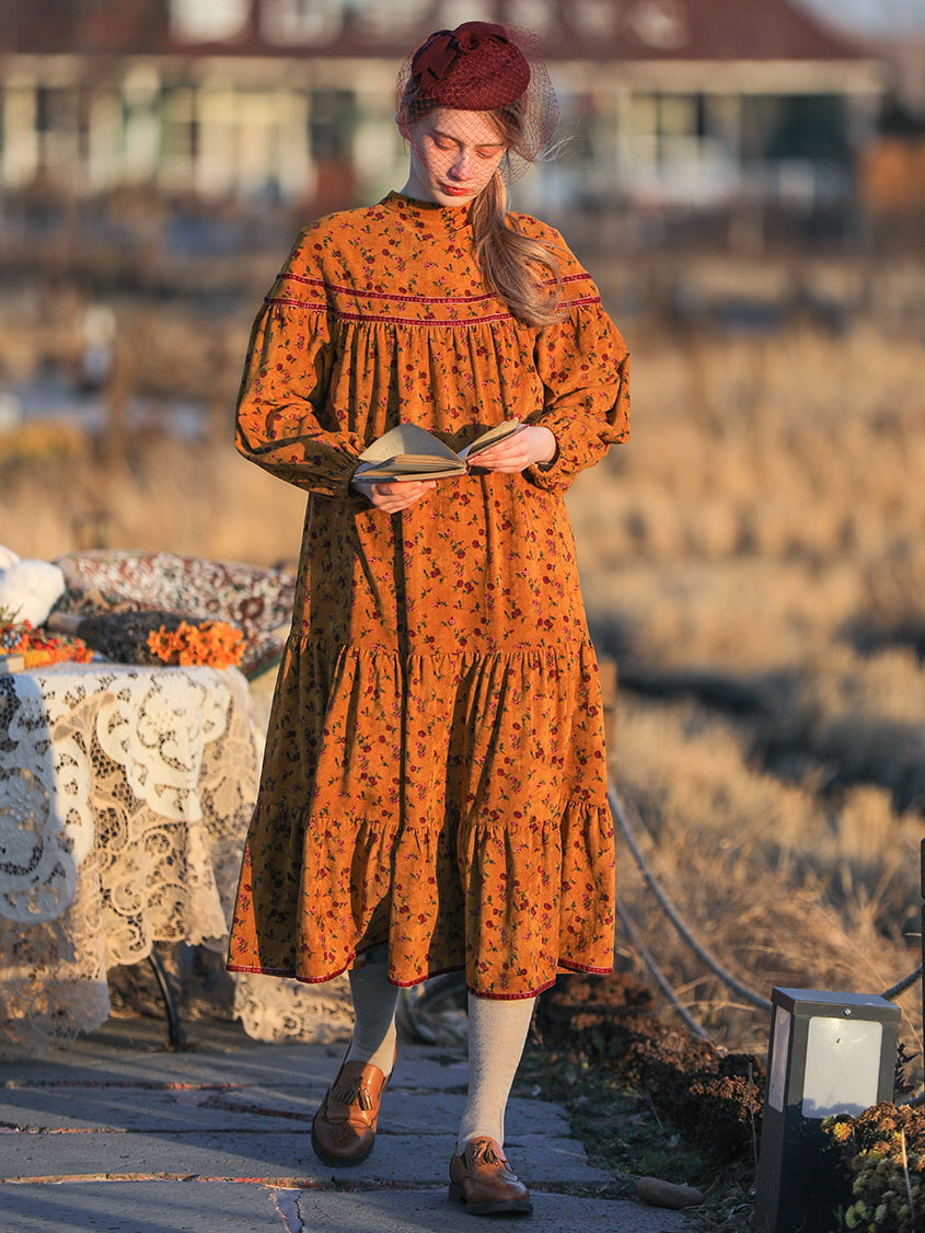 Floral Golden Corduroy Dress - Vintage Cottagecore Winter Outfit Floral Golden Corduroy Dress - Vintage Cottagecore Winter Outfit
