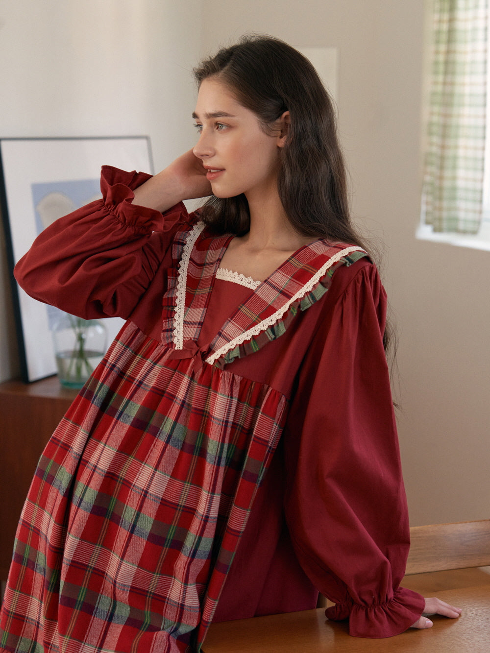 Plaid-Trim Cotton Loungewear Dress