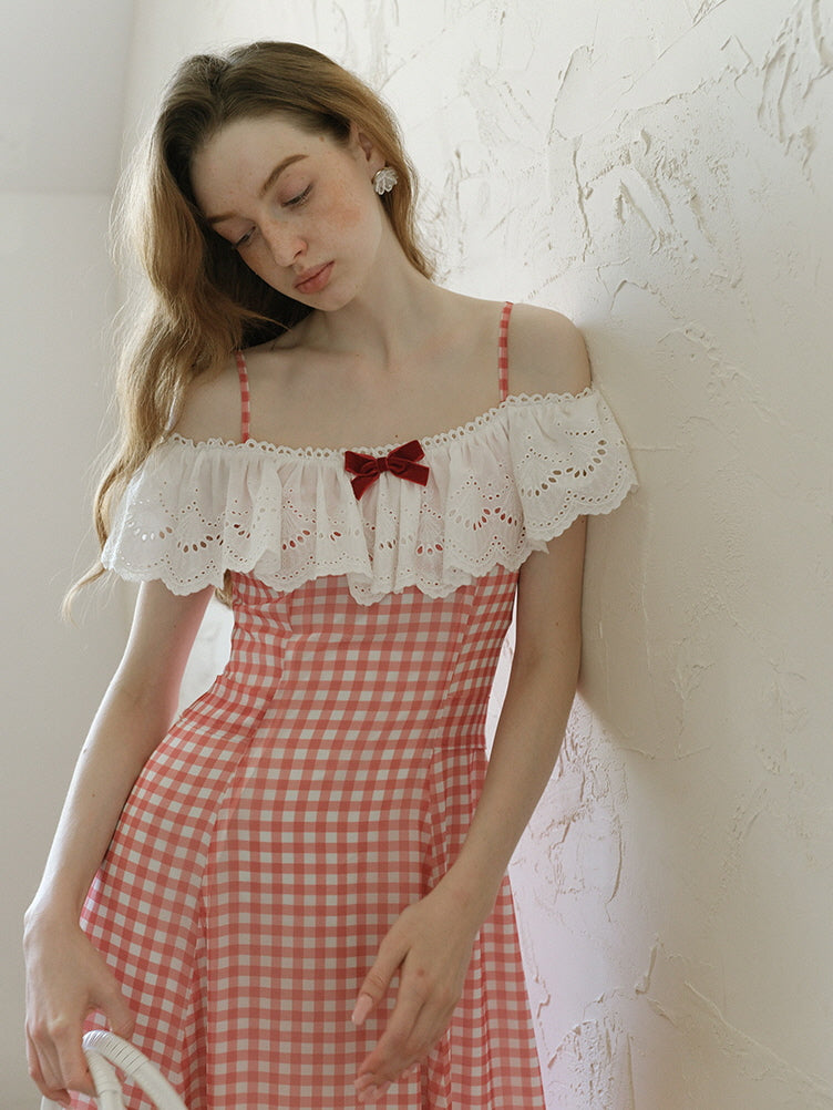 Red Gingham Off-Shoulder Frill Dress