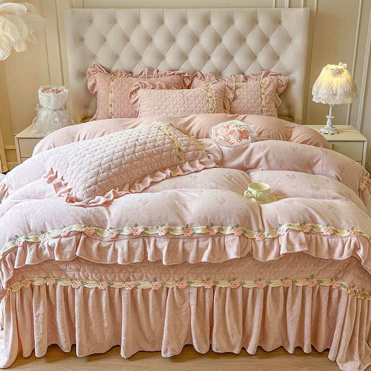 Princess Velvet Rose Ruffle Bedding Set