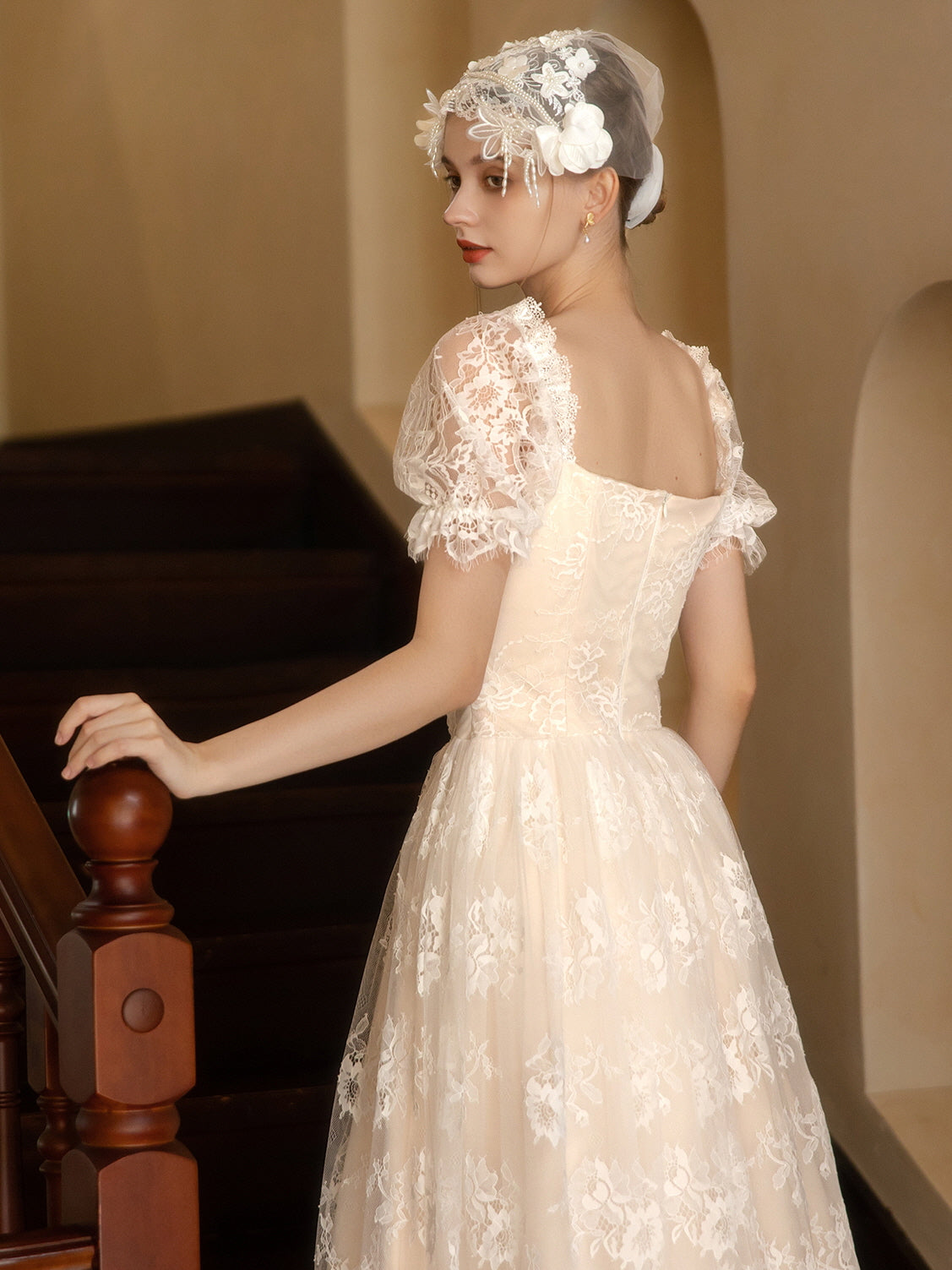 Soft Ivory Vintage Lace Princess Gown