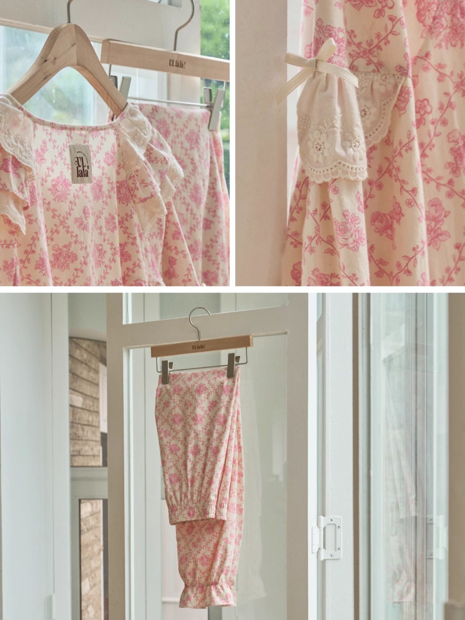 A detailed look at a pink floral loungewear set hanging on wooden hangers, showcasing lace-trimmed sleeves and delicate bow accents for a fairytale touch.