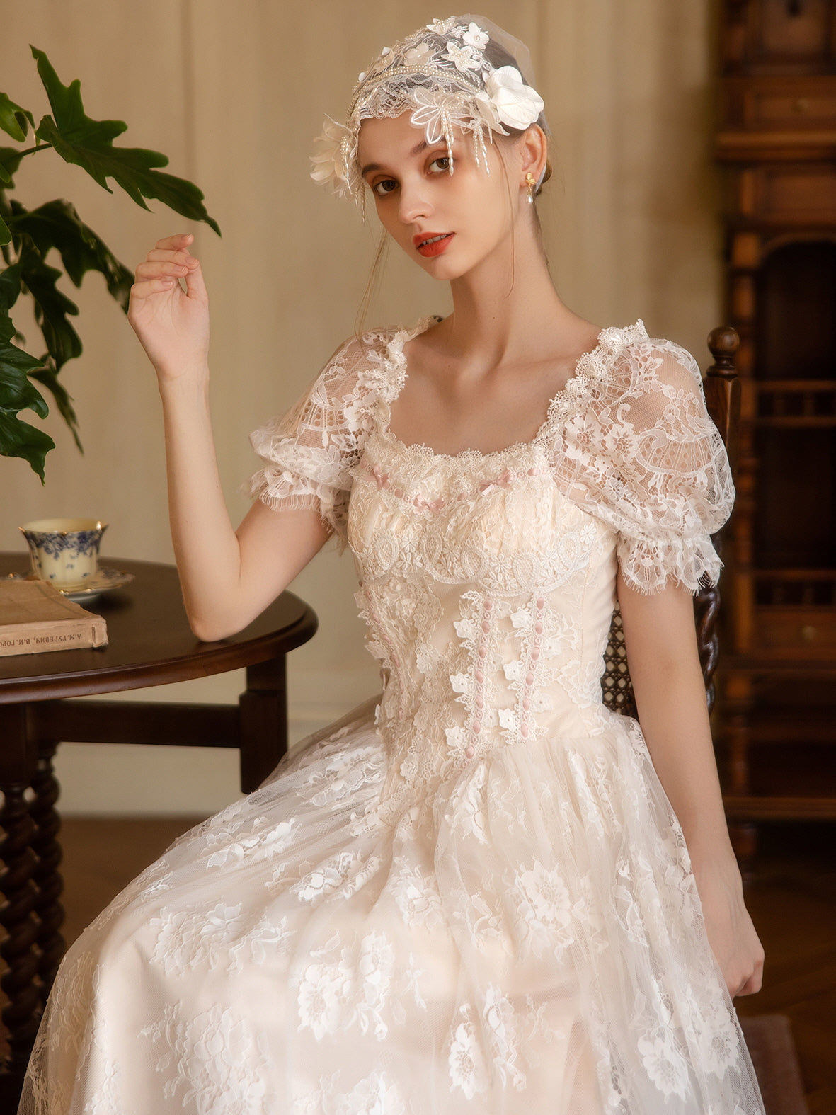 Soft Ivory Vintage Lace Princess Gown