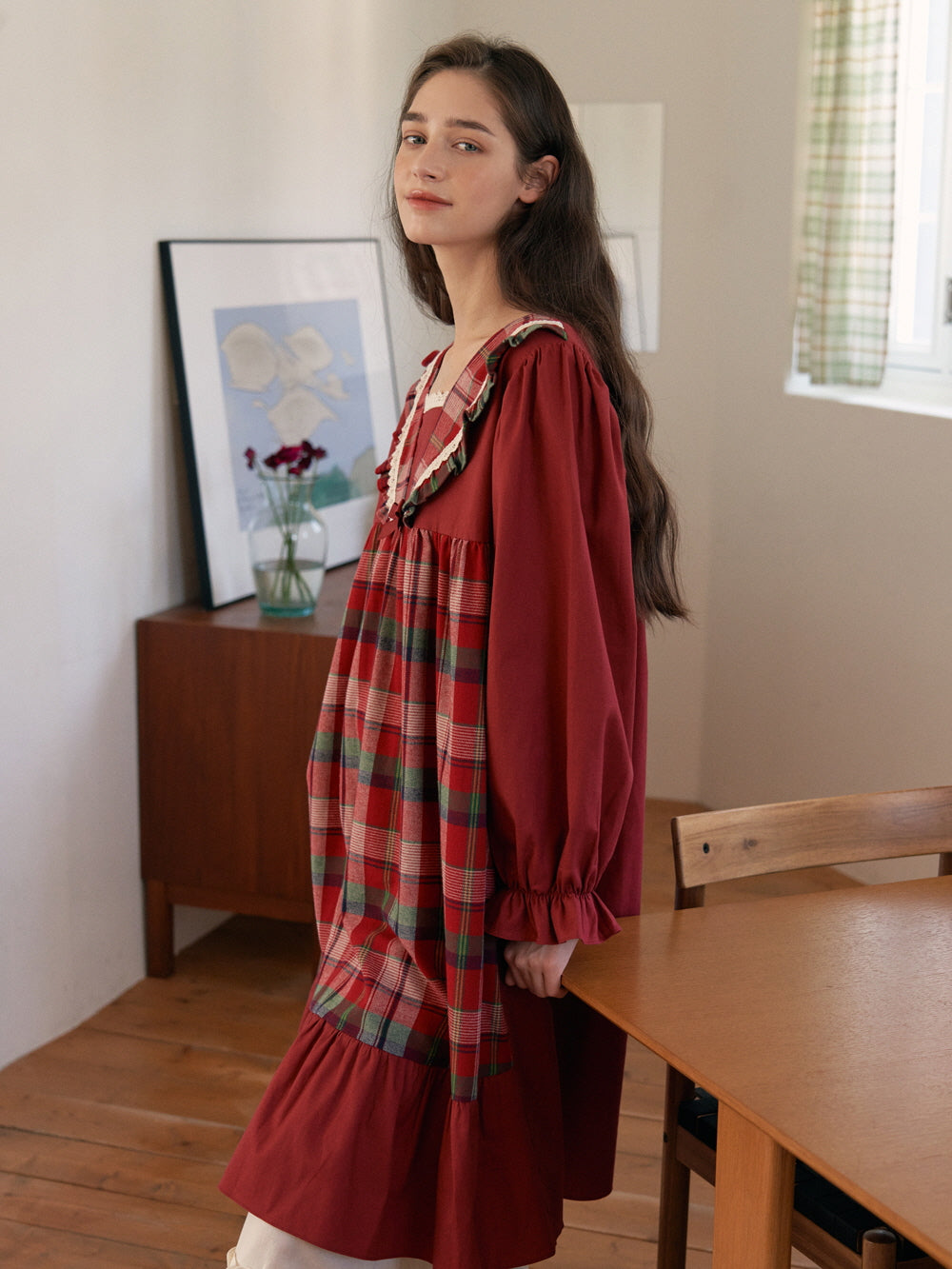 Plaid-Trim Cotton Loungewear Dress