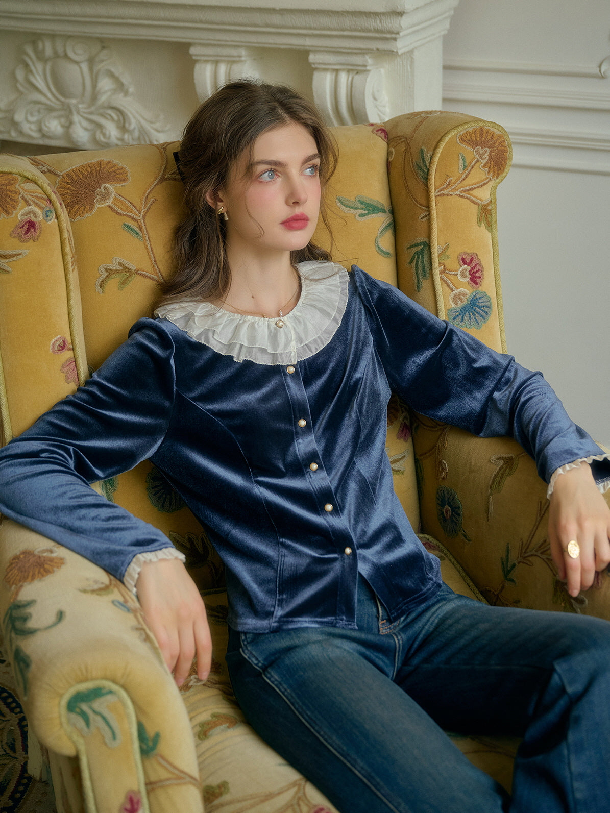 Ruffle Collar Midnight Velvet Elegance Blouse