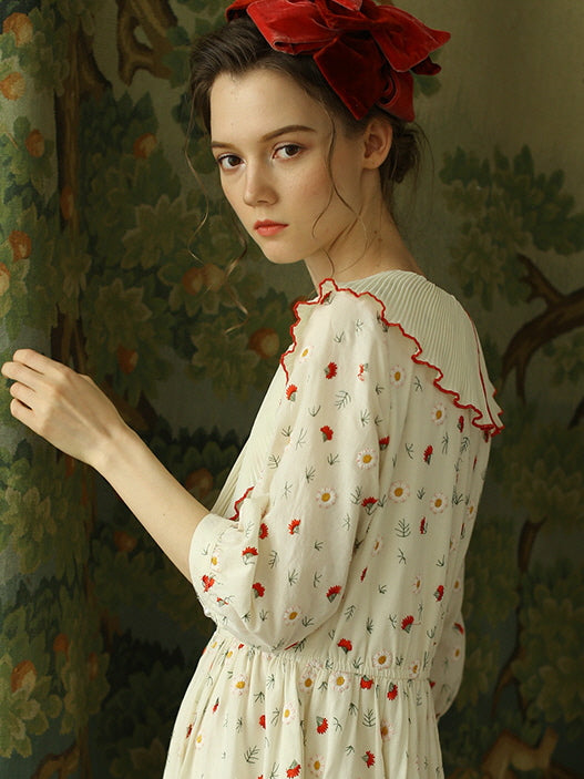 Pleated Collar Retro Floral Cotton Dress