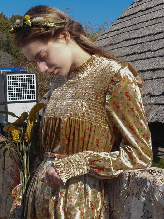 Golden Velvet Floral Dress